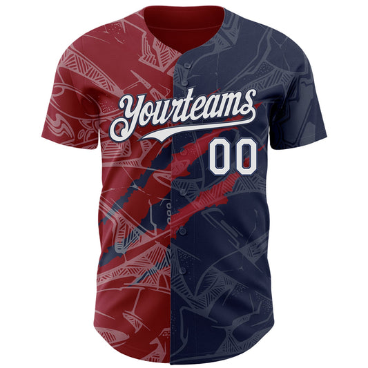Custom Graffiti Pattern White Navy-Crimson 3D Scratch Authentic Baseball Jersey - Sky-Custom