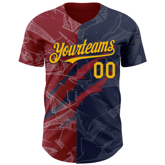 Custom Graffiti Pattern Gold Navy-Crimson 3D Scratch Authentic Baseball Jersey - Sky-Custom