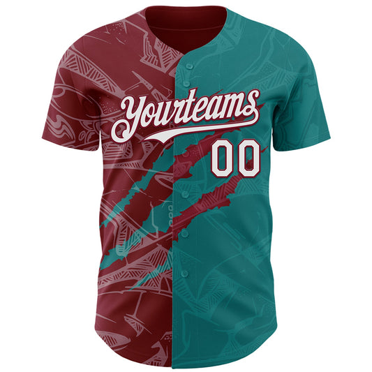 Custom Graffiti Pattern White Teal-Crimson 3D Scratch Authentic Baseball Jersey - Sky-Custom