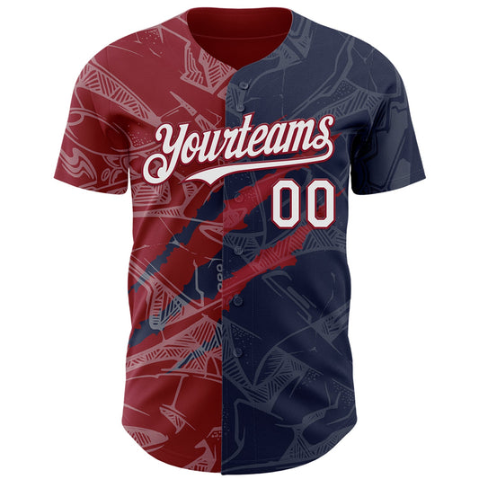 Custom Graffiti Pattern White Navy-Crimson 3D Scratch Authentic Baseball Jersey - Sky-Custom