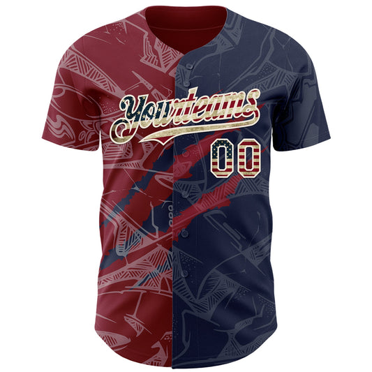 Custom Graffiti Pattern Vintage USA Flag Navy Crimson-Cream 3D Scratch Authentic Baseball Jersey - Sky-Custom