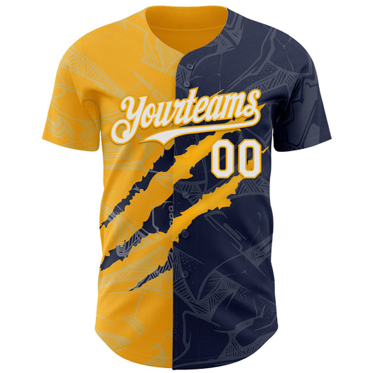 Custom Graffiti Pattern White Navy-Gold 3D Scratch Authentic Baseball Jersey - Sky-Custom