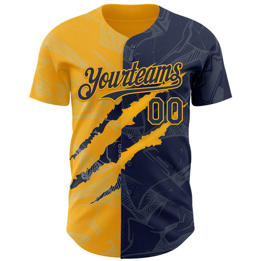 Custom Graffiti Pattern Navy-Gold 3D Scratch Authentic Baseball Jersey - Sky-Custom