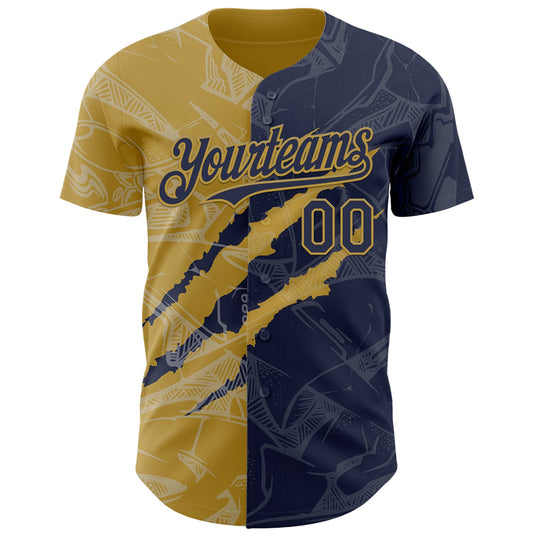 Custom Graffiti Pattern Navy-Old Gold 3D Scratch Authentic Baseball Jersey - Sky-Custom