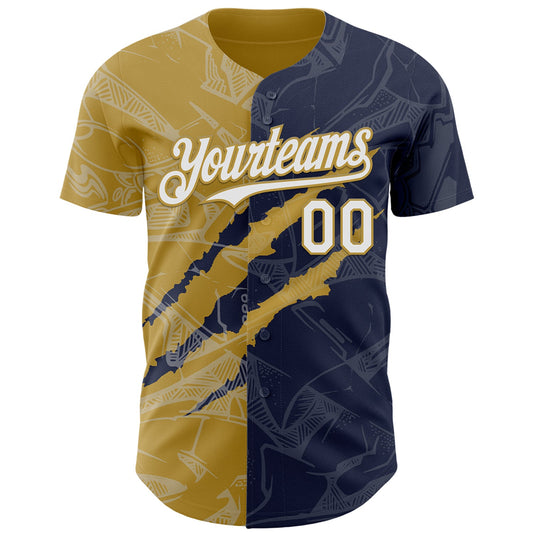 Custom Graffiti Pattern White Navy-Old Gold 3D Scratch Authentic Baseball Jersey - Sky-Custom