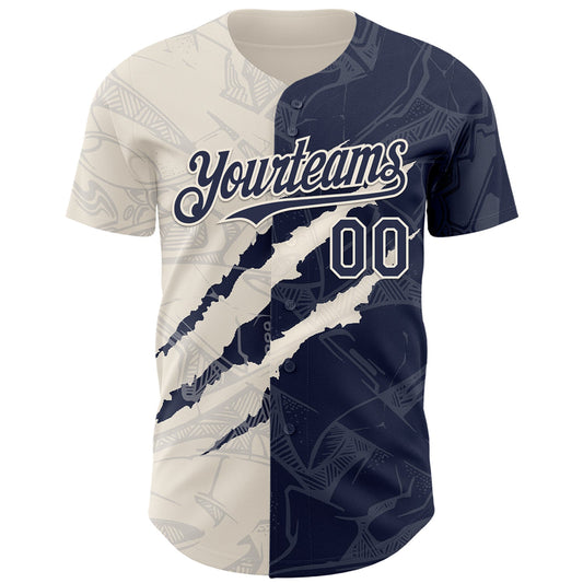 Custom Graffiti Pattern Navy-Cream 3D Scratch Authentic Baseball Jersey - Sky-Custom