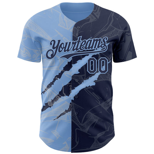 Custom Graffiti Pattern Navy-Light Blue 3D Scratch Authentic Baseball Jersey - Sky-Custom