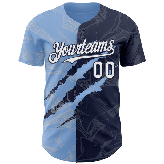 Custom Graffiti Pattern White Navy-Light Blue 3D Scratch Authentic Baseball Jersey - Sky-Custom
