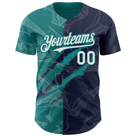 Custom Graffiti Pattern White Navy-Teal 3D Scratch Authentic Baseball Jersey - Sky-Custom