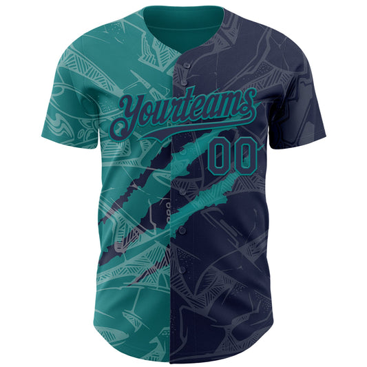Custom Graffiti Pattern Navy-Teal 3D Scratch Authentic Baseball Jersey - Sky-Custom