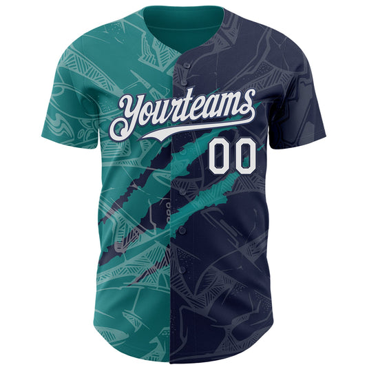 Custom Graffiti Pattern White Navy-Teal 3D Scratch Authentic Baseball Jersey - Sky-Custom