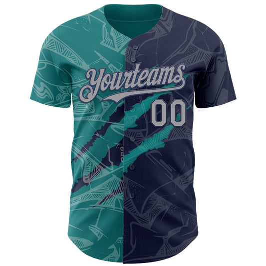 Custom Graffiti Pattern Gray Navy-Teal 3D Scratch Authentic Baseball Jersey - Sky-Custom