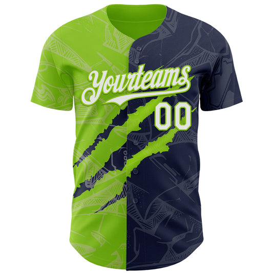 Custom Graffiti Pattern White Navy-Neon Green 3D Scratch Authentic Baseball Jersey - Sky-Custom