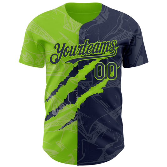 Custom Graffiti Pattern Navy-Neon Green 3D Scratch Authentic Baseball Jersey - Sky-Custom