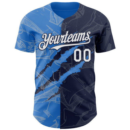 Custom Graffiti Pattern White Navy-Electric Blue 3D Scratch Authentic Baseball Jersey - Sky-Custom