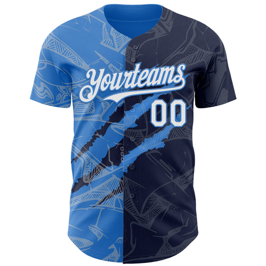 Custom Graffiti Pattern White Navy-Electric Blue 3D Scratch Authentic Baseball Jersey - Sky-Custom