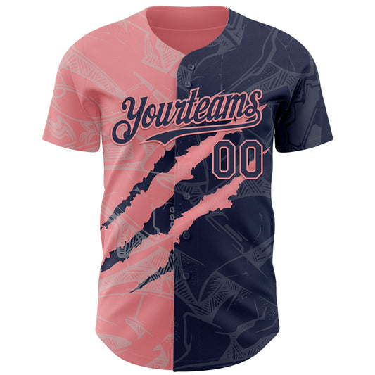 Custom Graffiti Pattern Navy-Medium Pink 3D Scratch Authentic Baseball Jersey - Sky-Custom