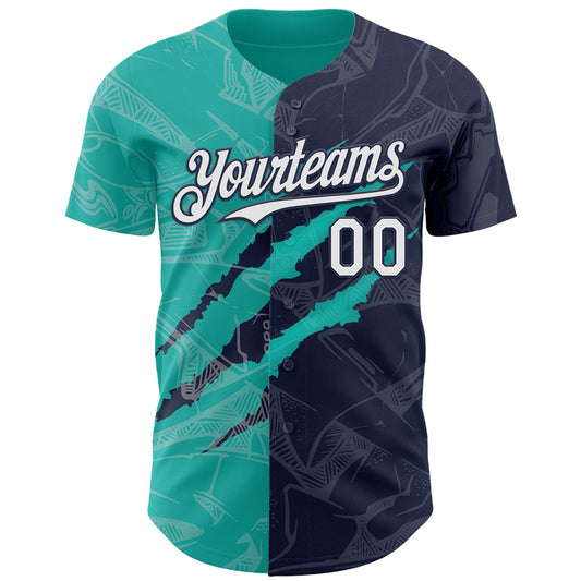Custom Graffiti Pattern White Navy-Aqua 3D Scratch Authentic Baseball Jersey - Sky-Custom