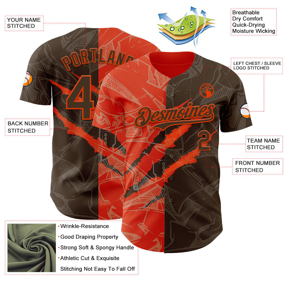 Custom Graffiti Pattern Brown-Orange 3D Scratch Authentic Baseball Jersey - Sky-Custom