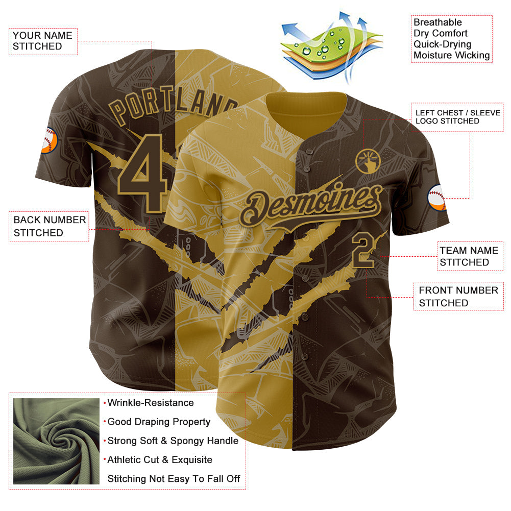 Custom Graffiti Pattern Brown-Old Gold 3D Scratch Authentic Baseball Jersey - Sky-Custom