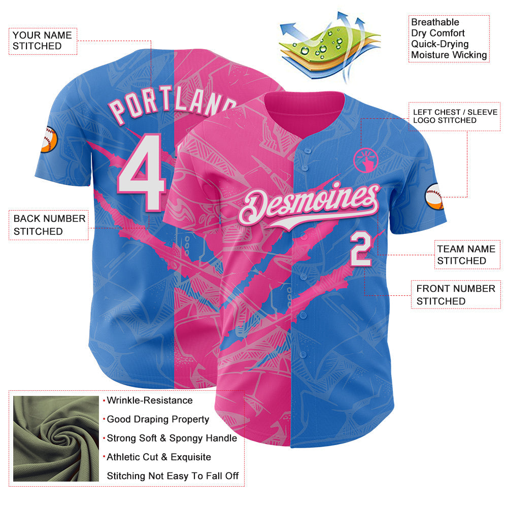 Custom Graffiti Pattern White Electric Blue-Pink 3D Scratch Authentic Baseball Jersey - Sky-Custom