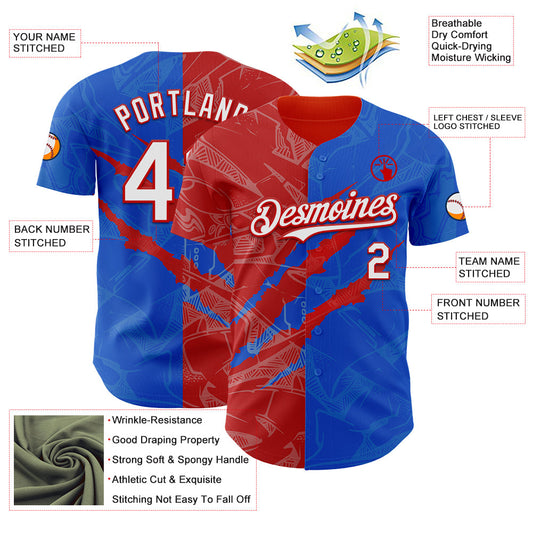 Custom Graffiti Pattern White Thunder Blue-Red 3D Scratch Authentic Baseball Jersey - Sky-Custom
