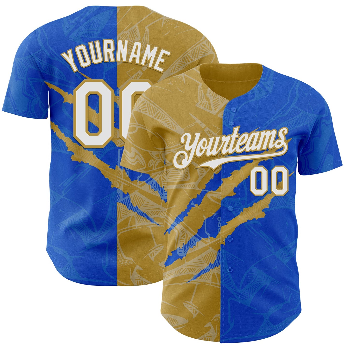 Custom Graffiti Pattern White Thunder Blue-Old Gold 3D Scratch Authentic Baseball Jersey - Sky-Custom