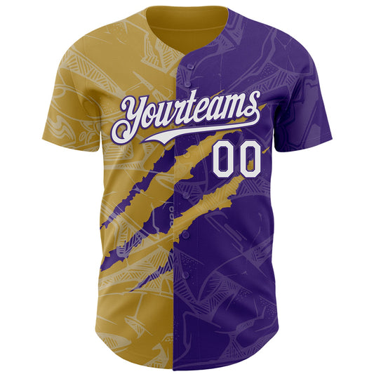 Custom Graffiti Pattern White Purple-Old Gold 3D Scratch Authentic Baseball Jersey - Sky-Custom