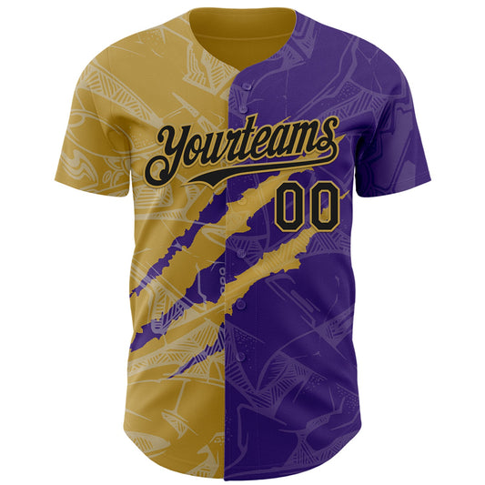 Custom Graffiti Pattern Black Purple-Old Gold 3D Scratch Authentic Baseball Jersey - Sky-Custom