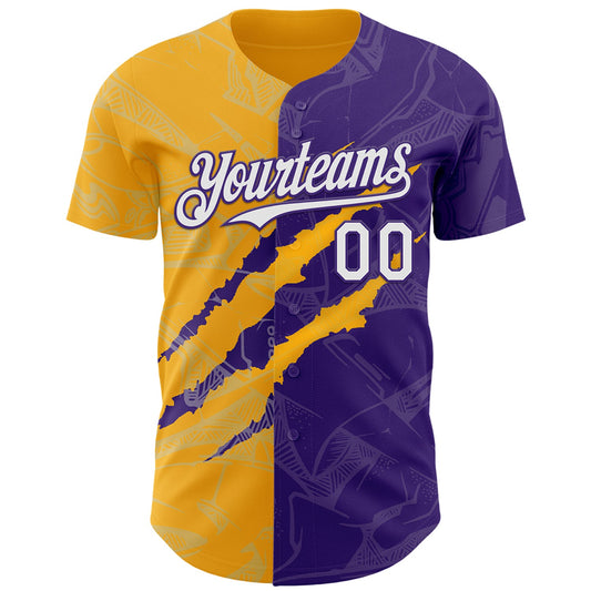 Custom Graffiti Pattern White Purple-Gold 3D Scratch Authentic Baseball Jersey - Sky-Custom