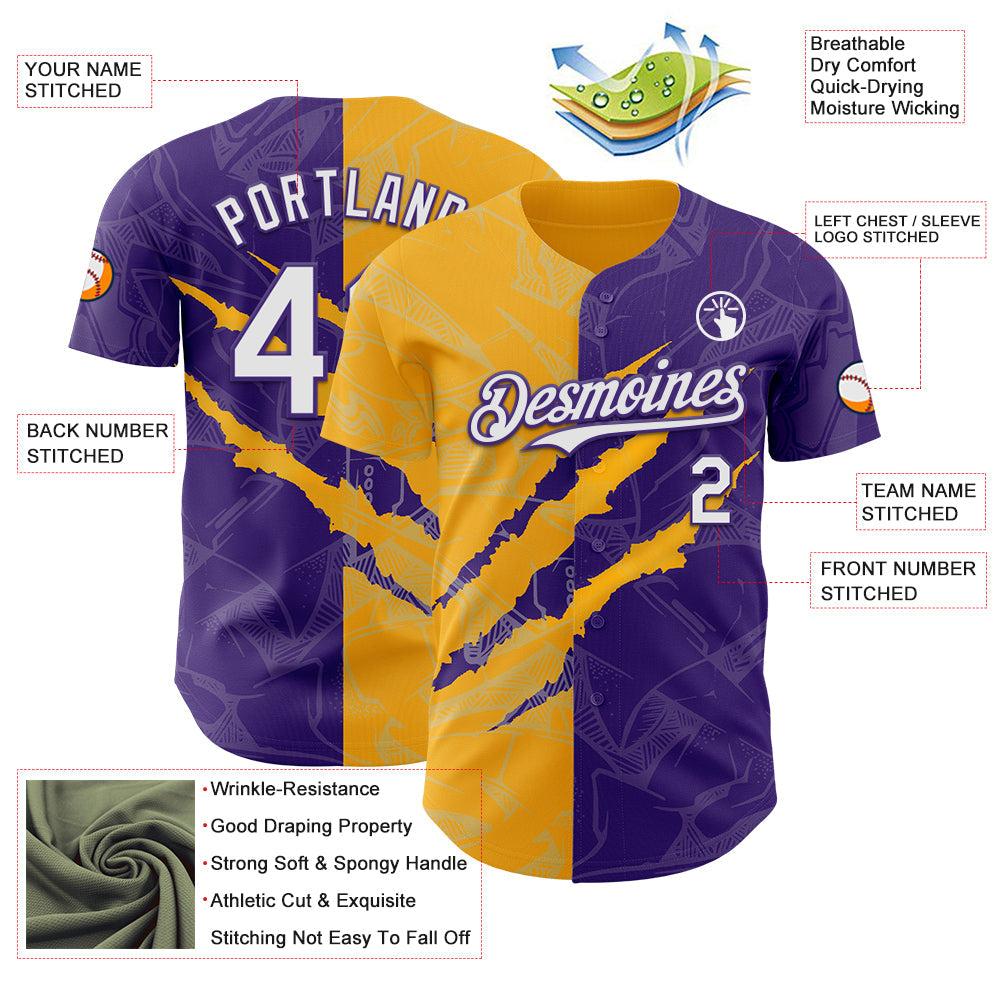 Custom Graffiti Pattern White Purple-Gold 3D Scratch Authentic Baseball Jersey - Sky-Custom
