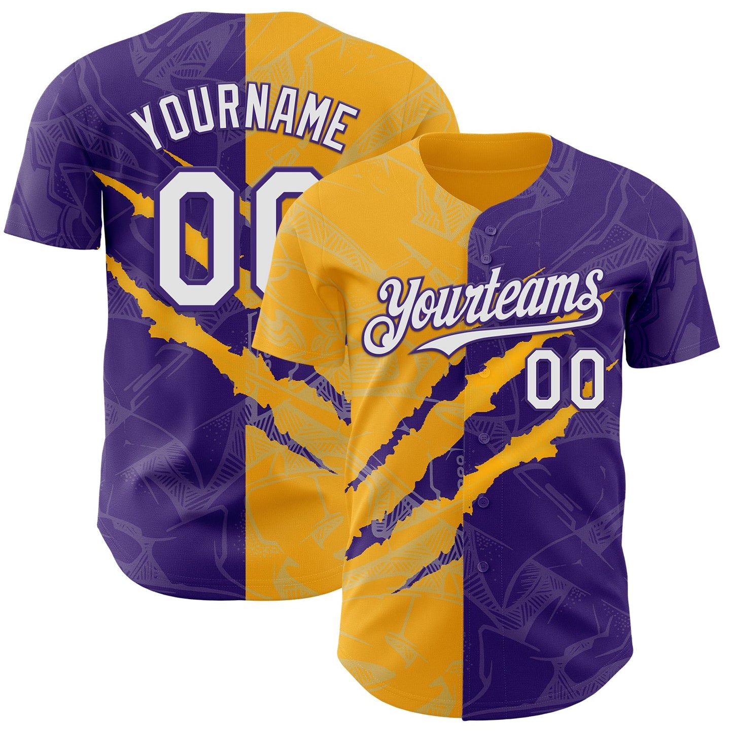 Custom Graffiti Pattern White Purple-Gold 3D Scratch Authentic Baseball Jersey - Sky-Custom