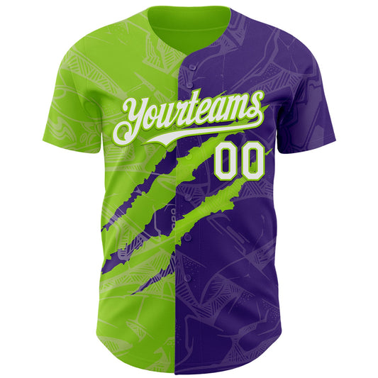 Custom Graffiti Pattern White Purple-Neon Green 3D Scratch Authentic Baseball Jersey - Sky-Custom