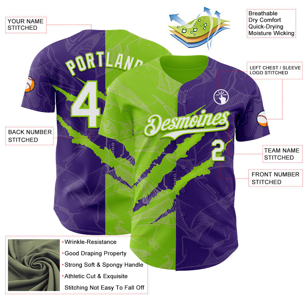 Custom Graffiti Pattern White Purple-Neon Green 3D Scratch Authentic Baseball Jersey - Sky-Custom