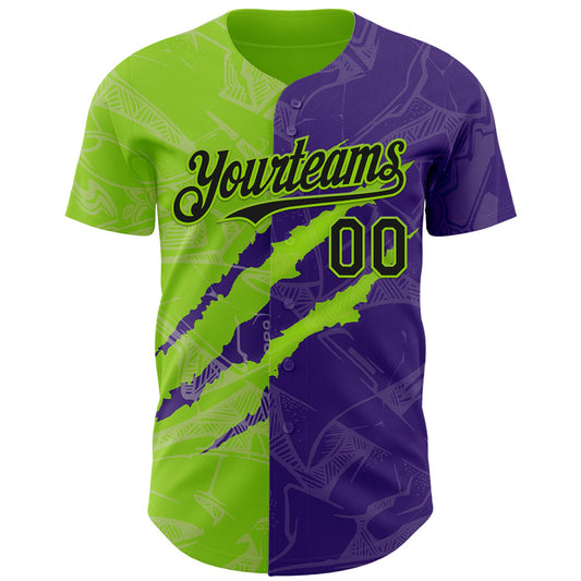 Custom Graffiti Pattern Black Purple-Neon Green 3D Scratch Authentic Baseball Jersey - Sky-Custom