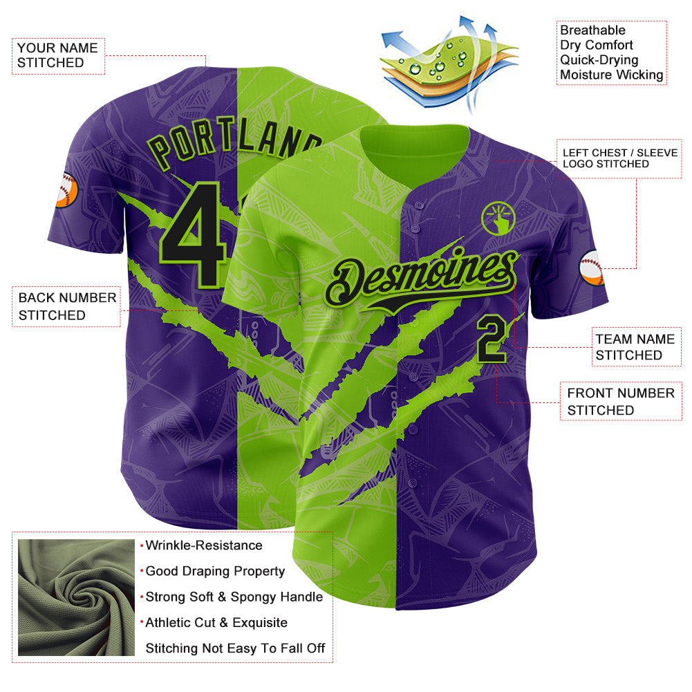 Custom Graffiti Pattern Black Purple-Neon Green 3D Scratch Authentic Baseball Jersey - Sky-Custom
