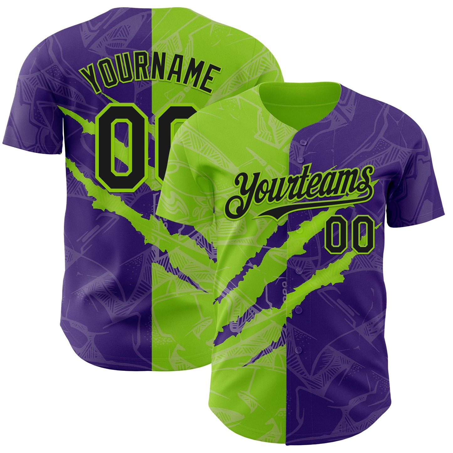 Custom Graffiti Pattern Black Purple-Neon Green 3D Scratch Authentic Baseball Jersey - Sky-Custom