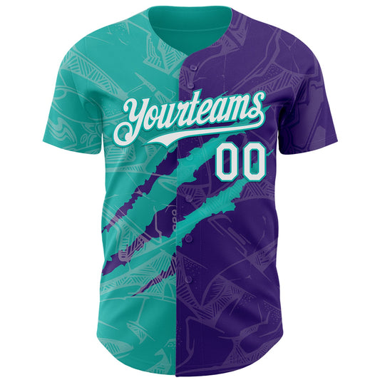 Custom Graffiti Pattern White Purple-Aqua 3D Scratch Authentic Baseball Jersey - Sky-Custom
