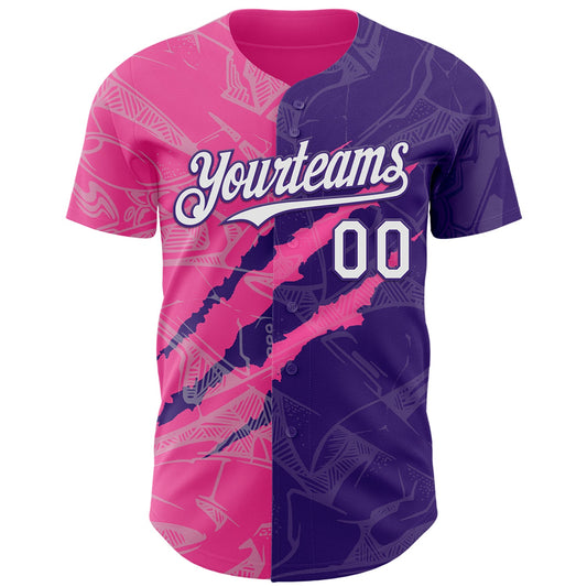 Custom Graffiti Pattern White Purple-Pink 3D Scratch Authentic Baseball Jersey - Sky-Custom