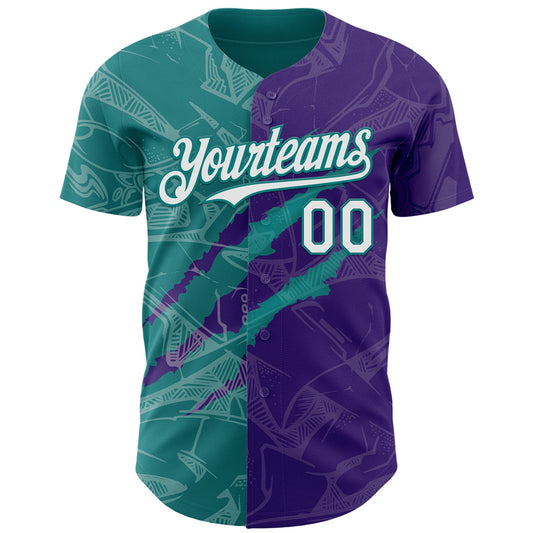 Custom Graffiti Pattern White Purple-Teal 3D Scratch Authentic Baseball Jersey - Sky-Custom
