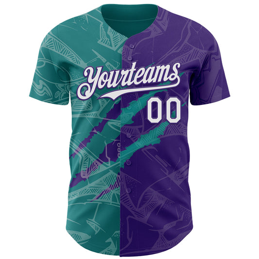 Custom Graffiti Pattern White Purple-Teal 3D Scratch Authentic Baseball Jersey - Sky-Custom