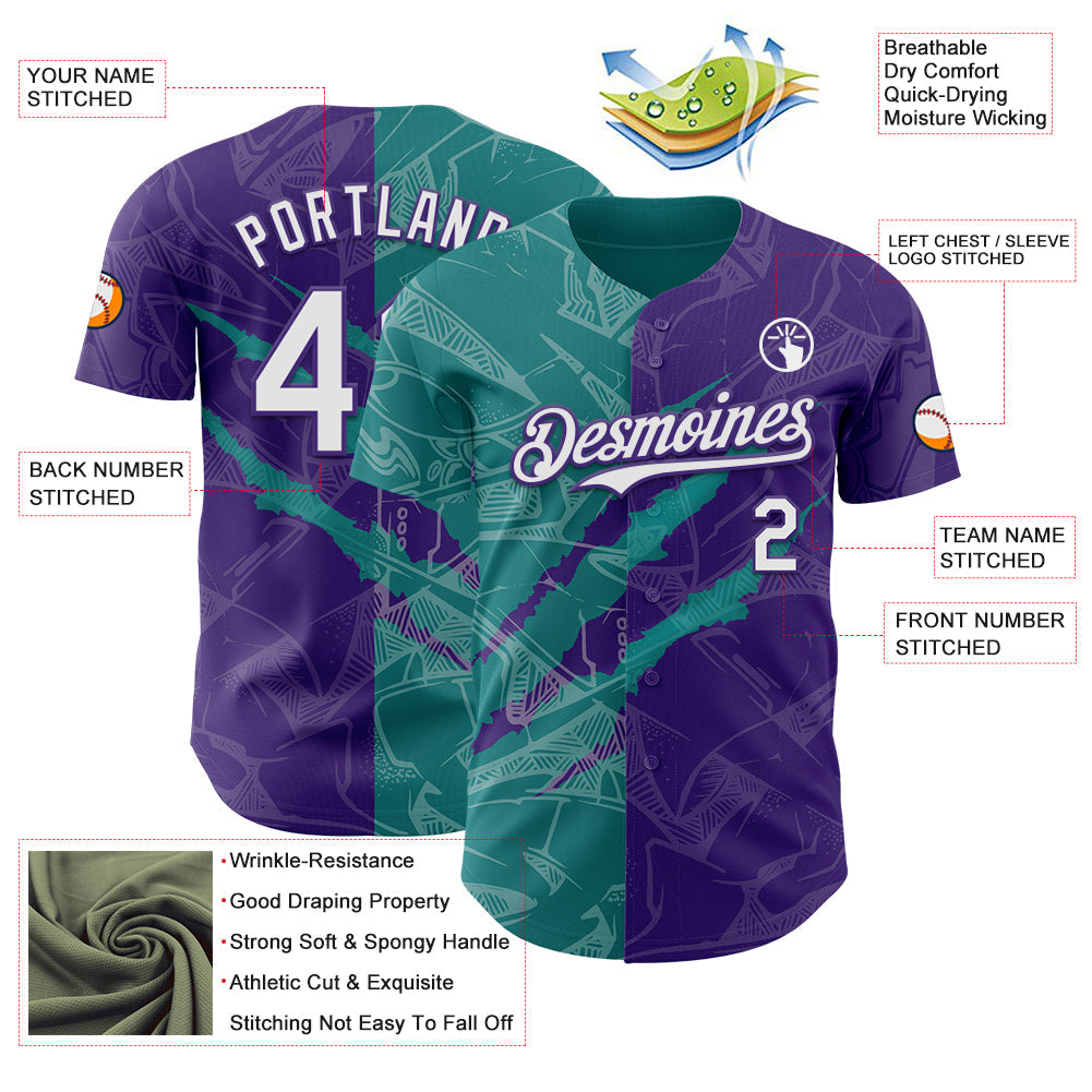 Custom Graffiti Pattern White Purple-Teal 3D Scratch Authentic Baseball Jersey - Sky-Custom