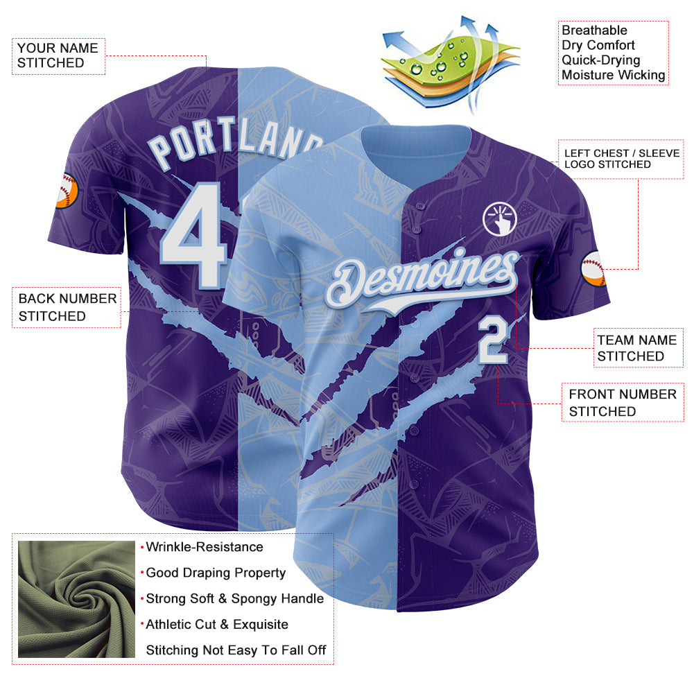 Custom Graffiti Pattern White Purple-Light Blue 3D Scratch Authentic Baseball Jersey - Sky-Custom