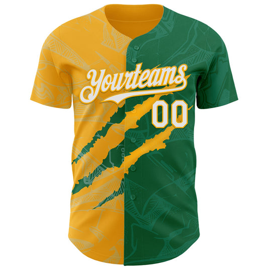 Custom Graffiti Pattern White Kelly Green-Gold 3D Scratch Authentic Baseball Jersey - Sky-Custom