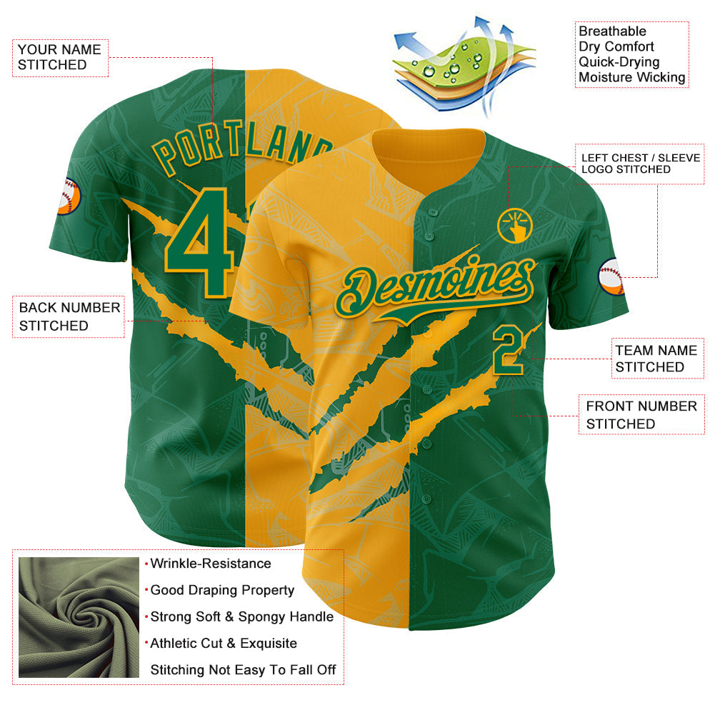 Custom Graffiti Pattern Kelly Green-Gold 3D Scratch Authentic Baseball Jersey - Sky-Custom