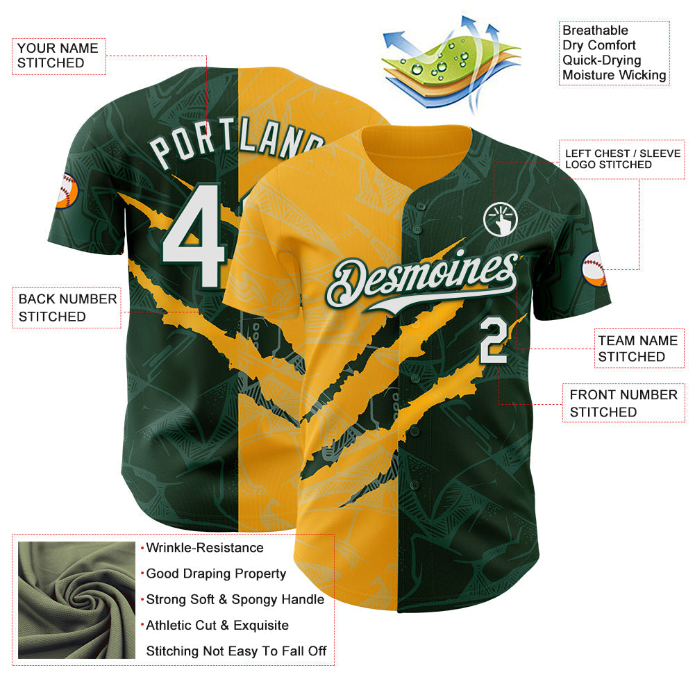 Custom Graffiti Pattern White Green-Gold 3D Scratch Authentic Baseball Jersey - Sky-Custom