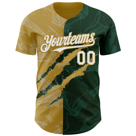 Custom Graffiti Pattern White Green-Old Gold 3D Scratch Authentic Baseball Jersey - Sky-Custom