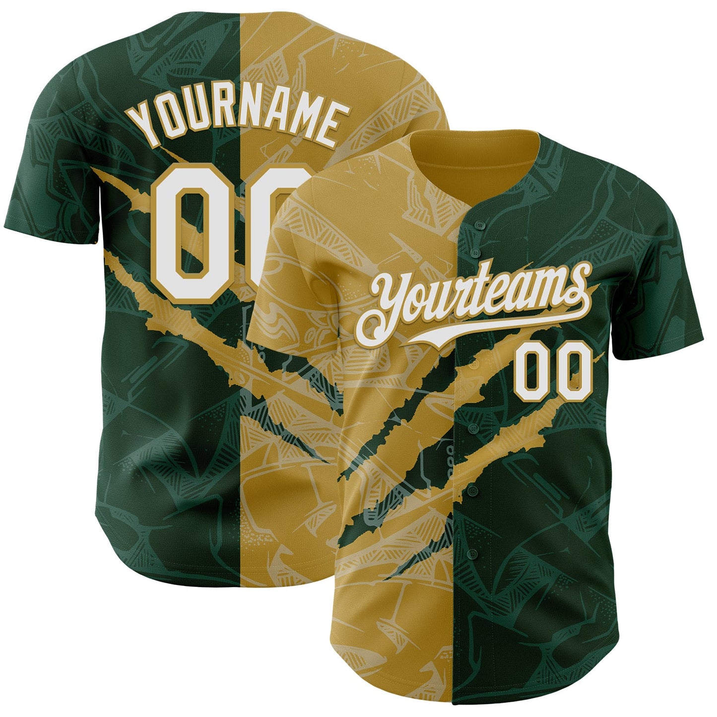 Custom Graffiti Pattern White Green-Old Gold 3D Scratch Authentic Baseball Jersey - Sky-Custom