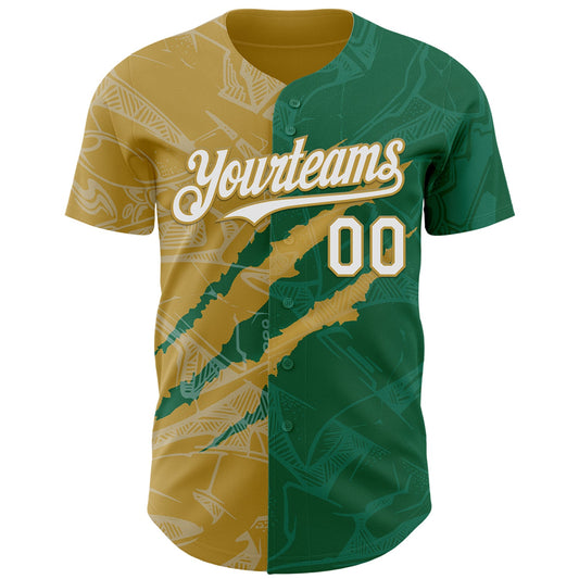 Custom Graffiti Pattern White Kelly Green-Old Gold 3D Scratch Authentic Baseball Jersey - Sky-Custom