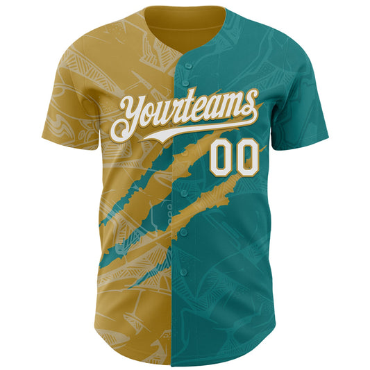 Custom Graffiti Pattern White Teal-Old Gold 3D Scratch Authentic Baseball Jersey - Sky-Custom